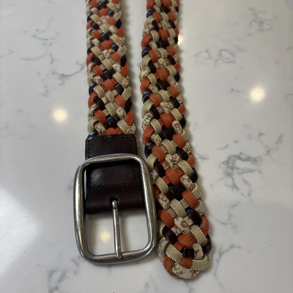 Boho Leather Cotton‎ Braided Belt Earthtone Floral Accent Homestead Women LG 44